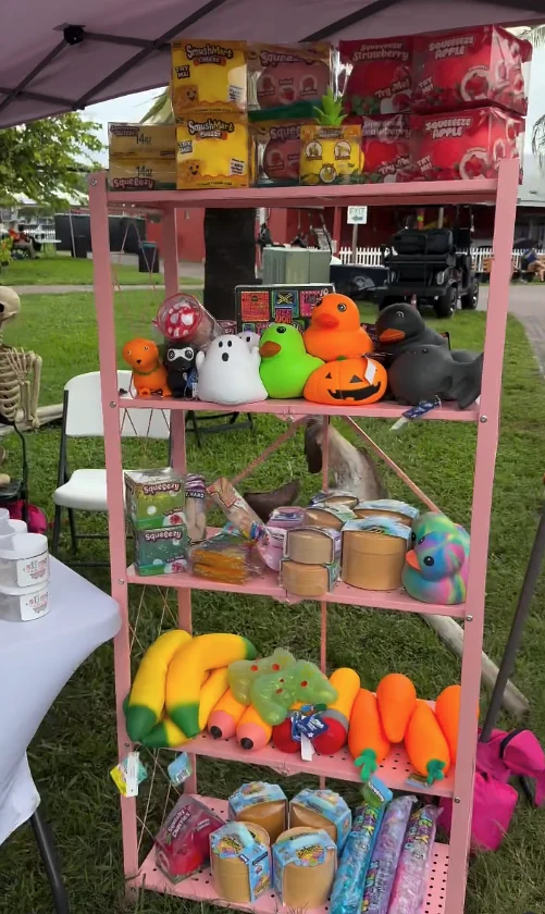 Pink shelf full of squishy toys, ducks and pumpkins